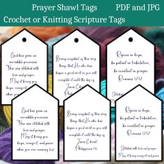 crochet and knitting tags with the words prayer shawl tags