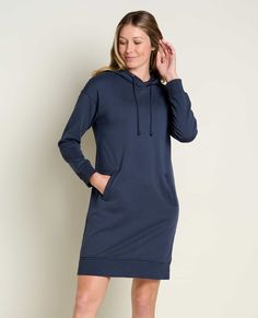 msg: Mckenna is 5'9" and is wearing a size Small. Short Loungewear, Eco Friendly Clothing, Hooded Dress, Big Sky, Knee Dress, Fabric Details, Toad, Clothes Collection, Hoodie Dress