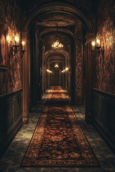 a long hallway with chandeliers and lights on either side of the corridor, leading to another room