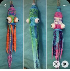 three different pictures of an octopus made out of paper and yarn with eyes on it