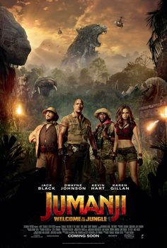 jumanji welcome to the jungle movie poster with characters in front of an enormous dinosaur