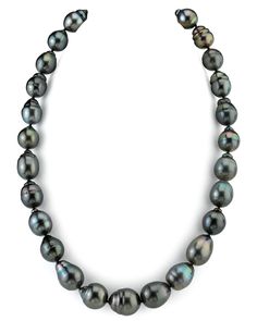 Set your eyes on a gorgeous Tahitian South Sea pearl necklace. This strand is perfect for the pearl lover who wants a unique look. Baroque pearls are loved by women worldwide because of their fashionable and irregular shape, which makes each strand entirely unique. An exquisite Tahitian pearl baroque necklace direct from the pearl farms of Tahiti. This Tahitian pearl necklace measures at 11mm in the back and graduates perfectly to a gorgeous 14mm centerpiece. All pieces in this black pearl neckl Baroque Pearl Jewelry, Baroque Necklace, Baroque Pearls Jewelry, South Sea Pearl Necklace, Tahitian Pearl Necklace, Pearl Farm, Black Pearl Necklace, Buy Pearls, Mother Of Pearl Jewelry