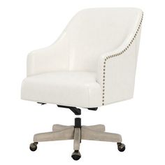 a white office chair with wheels and studded arms