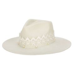 NOW & FOREVER - WOMEN'S FELT COWBOY W/ LACE & PEARLS 100% wool Adjustable internal drawstring for a tighter fit. Felt Cowboy Hat, Wide Brim Hat Summer, Sand Collection, Trendy Bride, San Diego Hat, Felt Cowboy Hats, Scarf Poncho, Now And Forever, Dress Hats