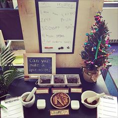 a table topped with lots of food next to a sign