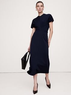 Wool-Blend Scuba Midi Dress | Banana Republic Extra Dresses, Black Bob Hairstyles, Midi Dress Navy, Navy Blue Midi Dress, Black Bob, Scuba Fabric, Skirt Short, Over 50 Womens Fashion, Invisible Zip