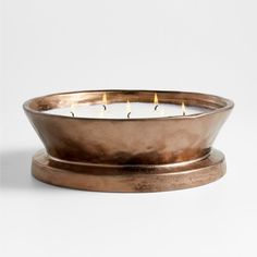 three lit candles in a metal bowl on a white background