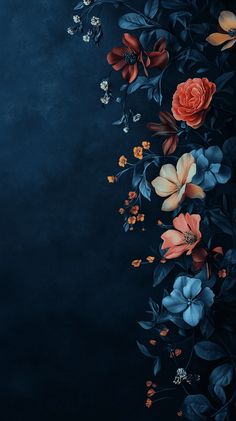 flowers on a dark blue background with leaves and berries in the corner, as well as an empty space for text