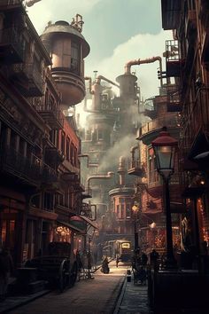 a city street filled with tall buildings and lots of steam pouring out of the pipes