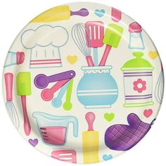 a paper plate with colorful kitchen utensils on it