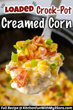 loaded crock - pot creamed corn with bacon and celery on a spoon