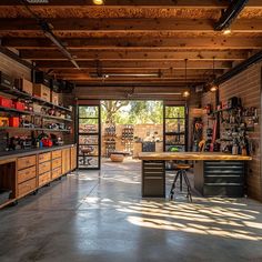 the garage is full of tools and workbenches