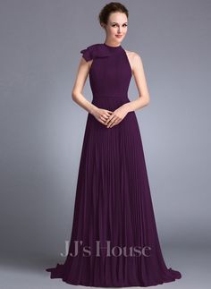 JJ's House Evening Dresses (62984) | JJ's House Chiffon Evening Dresses, Dress With Bow, Evening Dress, Evening Dresses, High Neck, A Line, Chiffon, Train, Dresses