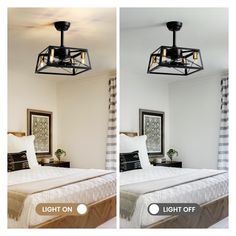 two pictures show the same light fixture in different rooms, one is black and white