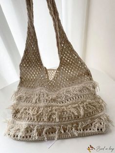 BirdinBag - Polyester Crochet Bag with Fringe Trim - Perfect for Vacation Polyester Crochet, Word Wrap, Vacation Style, Crochet Bags, Fringe Trim, Grey And Beige, Womens Tote Bags, Crochet Bag, Apricot