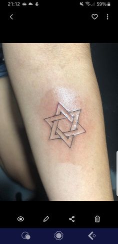 a small tattoo on the arm of a woman's leg, with an intertwined star