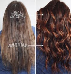 Fall Hair Colors With Formula, Caramel Toner Formula, Red Brown Hair Formula, Fall Hair Formulas, Auburn Hair Formula, Blonde Vs Brunette Before And After, Matrix Hair Color Chart, Auburn Balayage