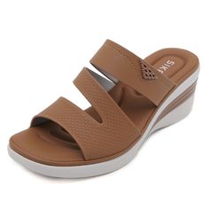 Upgrade your summer wardrobe with Siketu's Rica Cushioned Wedge Slides in brown. These stylish and comfortable slides provide cushioned support with a trendy wedge design, making them the perfect addition to any outfit. Elevate your fashion and your comfort with these must-have slides. 2.36'' heel Slip-on PU upper Synthetic Arch support footbed™ Cushioned Insole™ Anti-skid rubber sole Trendy Wedges, Wedge Slides, Shoe Makeover, Reindeer Headband, Womens Summer Shoes, Daily Dress, Dress Jewelry, Accessories Necklace, Arch Support