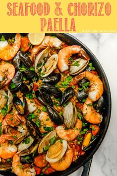 seafood and chorizo paella in a skillet