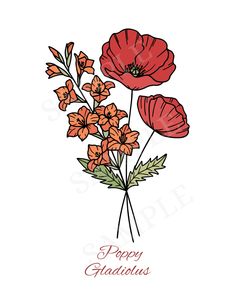 some red flowers on a white background with the words happy gladiolus written below