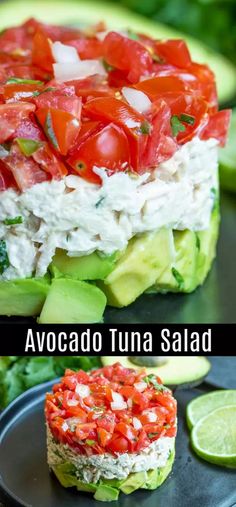 avocado tuna salad with tomatoes, cucumber and lime on the side