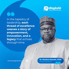 a man with glasses and a hat in front of a blue background that says, in the tapestry of leadership, each thread of excellence reveals a story of improvement, innovation,