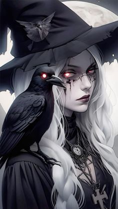 a woman with white hair and red eyes wearing a black hat, standing in front of a full moon