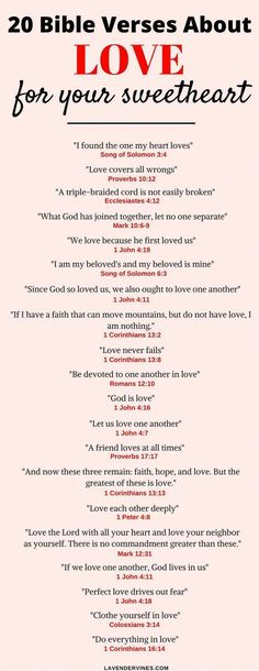 the 20 bible verses about love for your sweet heart, written in red and black