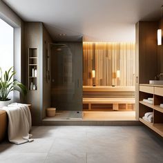 a bathroom with a large walk in shower next to a bath tub and sink area