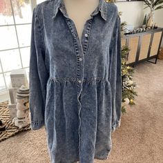 Jean Dress With Layered Detailing On The Back And Button Closure. There Are Buttons On The Sleeves For Closures Around The Wrist. Never Worn Jean Dress, Jeans Dress, The Back, Colorful Dresses, Color Blue, Womens Dresses, Women Shopping, Dresses, Blue