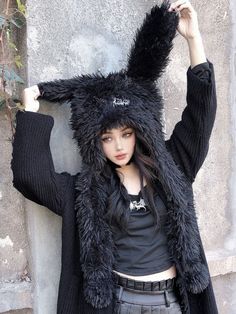 Black Punk Plush Bunny Ears Hat Goth Hats, Taobao Brands, Bunny Ears Hat, Punk Tops, Kawaii Pajamas, Kawaii Hat, Punk Skirt, Kawaii Hoodies, Pastel Punk