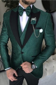 Bradymensuit custom made this Italian Style Green Jacket Vest Trousers Wedding Suit Three Piece Suits | Prom Suits with rush order service. Discover the design of this Green Solid Color Peaked Lapel Single Breasted mens suits cheap for prom. Tuxedo For Wedding, Green Tux, Green Suit Men, Men Tuxedo, Designer Tuxedo, Green Wedding Suit, Green Tuxedo, Prom Tuxedo, Emerald Green Weddings