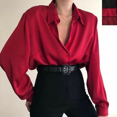 Baggy Tops, Chiffon Fashion, Mode Inspo, Loose Blouse, Red Shirt, Mode Inspiration, Casual Blouse, Office Lady, Office Ladies