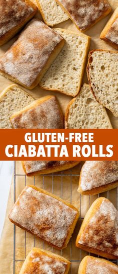 gluten - free ciabatta rolls with powdered sugar on top and the title overlay reads gluten - free ciabatta rolls