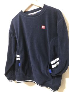 Wilson Men VIntage VTG Tennis Fleece Lined Pullover Sweatshirt Navy Blue XL. Arm p to arm p 21” sleeve length. 22” top to bottom(back) 25” size XL vintage Tennis Sweater Pullover Fleece Navy Striped RARE DESIGN WILSON W LOGO vintage 90s sweatshirt vintage sports apparel Sports Long Sleeve Tops With Pockets, Sports Tops With Pockets And Long Sleeves, Long Sleeve Sports Tops With Pockets, Navy Long Sleeve Sweatshirt, Sporty Blue Sweatshirt With Pockets, Casual Long Sleeve Sweatshirt For Sports, Navy Sporty Sweatshirt With Pockets, Fleece Long Sleeve Sports Sweatshirt, Long Sleeve Fleece Sweatshirt For Sports