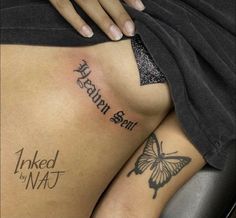 a woman's back with tattoos and words on her left side, which reads inked by nat