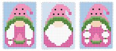 three pixellated images of women in pink and green hats