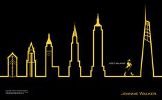 the skyline of new york city with skyscrapers in yellow and black, against a dark background