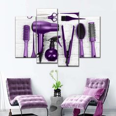 purple hair dryer and combs hanging on the wall