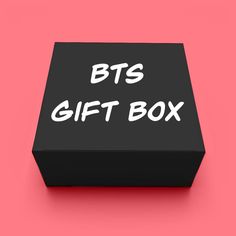 a black box with the words bts gift box written in white on it against a pink background