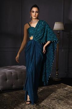 Shop for Mani Bhatia Blue Satin Pre-draped Saree With Blouse for Women Online at Aza Fashions Drape Sarees, Saree Draping Styles, Modern Saree, Draping Fashion, Saree Designs Party Wear, Drape Saree, Traditional Indian Outfits, Designer Party Wear Dresses, Stylish Party Dresses