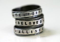 Personalize this sterling silver custom band ring. Your child's name, your sweetie's nickname, or your favorite saying stamped on a silver stacking band ring. This simple ring has been oxidized to look rustic, yet modern. They look great stacked but we suggest that you wear only two at a time, unless you have giant fingers!This listing is for one ring, which measures 3/16" high. The typeface used will be the same as pictured. Please see our policies page for the turn around time on orders here.. Inspirational Hand Stamped Silver Rings, Meaningful Adjustable Silver Stackable Rings, Silver Hand-stamped Engraved Ring, Customizable Adjustable Sterling Silver Engraved Ring, Adjustable Customizable Engraved Sterling Silver Ring, Meaningful Silver Stackable Rings, Meaningful Engraved Silver Stackable Rings, Customizable Adjustable Silver Engraved Ring, Silver Stamped Stackable Promise Rings