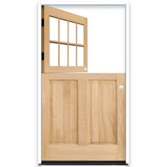 a wooden door with two windows on the side