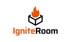 the ignite room logo is shown with an open book on fire in the background