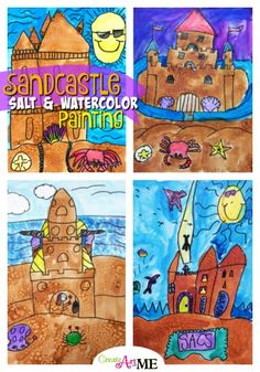 sandcastle salt and watercolor painting is shown in four different pictures with the words sandcastle salt and watercolor