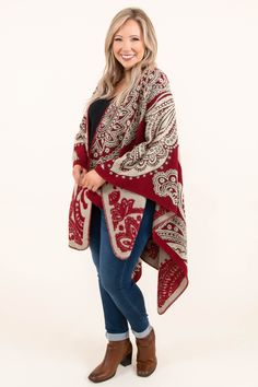 Chic Soul plus size clothing, red beige and black paisley print poncho Red Shawl Wrap, Red One-size Cape Poncho, Red One Size Cape Poncho, Red One-size Poncho Cape, Red Shawl Cape For Fall, Fall Red Shawl Cape, Oversized Red Cape For Fall, Red Long Sleeve Poncho, One Size, Red Winter Cape Shawl