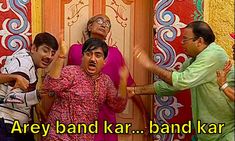 an image of people standing in front of a door with the caption arey band kar band kar