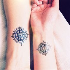 two people with matching tattoos on their wrists, one has a compass and the other has a heart