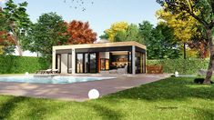 an artist's rendering of a pool house in the middle of a park with a swimming pool