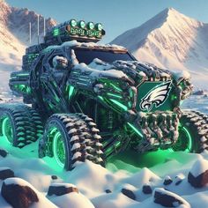 a green and white monster truck in the snow with lights on it's tires